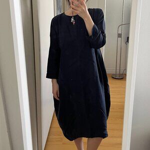 Black Crane Linen Cocoon Midi Dress Size S